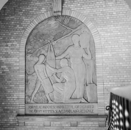 Dairy industry bas-relief (terra-cotta 1934). Text authored by Horticulture Professor Jules Cool Cunningham. Located in Food Sciences Building lobby formerly the Dairy Industry Building on the Iowa State University campus. Cco: Silver gelatin photograph on board