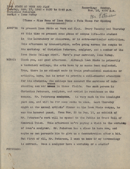 Radio interview script of Christian Petersen and students Alice Anderson, Helen Barbre, and Mariam Waisanen from the radio program, "Iowa State at Work and Play.".