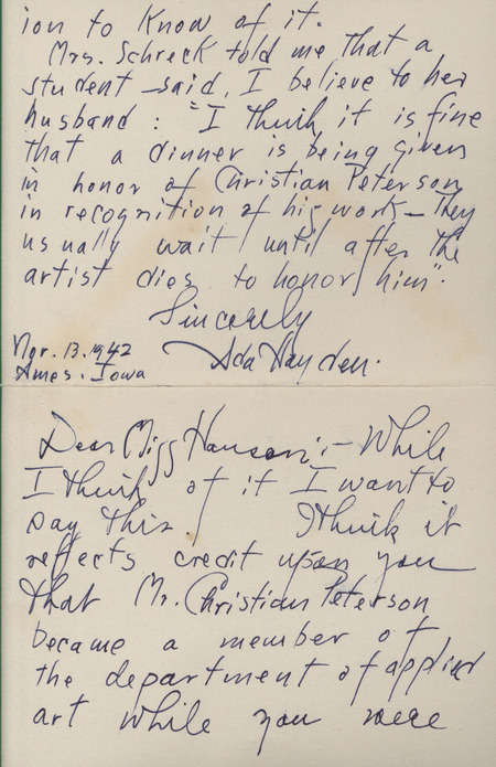 A handwritten letter from Ada Hayden to Joanna Hansen, praising Hansen for being an administrator in the department of applied art and discussing the Petersen dinner.