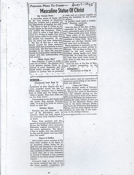 A newspaper article written by Vernon Petro, discussing Petersen's plans for a larger-than-life sculpture of Christ, measuring somewhere around 9-10 feet, as well as noting several other artistic accomplishments of the sculptor.