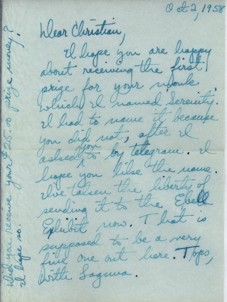 A handwritten letter from W. K. B. to Christian Petersen in regards to an exhibition of work in California. The sender acknowledges Petersen for receiving first prize ($25.00) for the sculpture "Serenity," as the sender named it. The letter also discusses plans for travel over the Christmas holidays.
