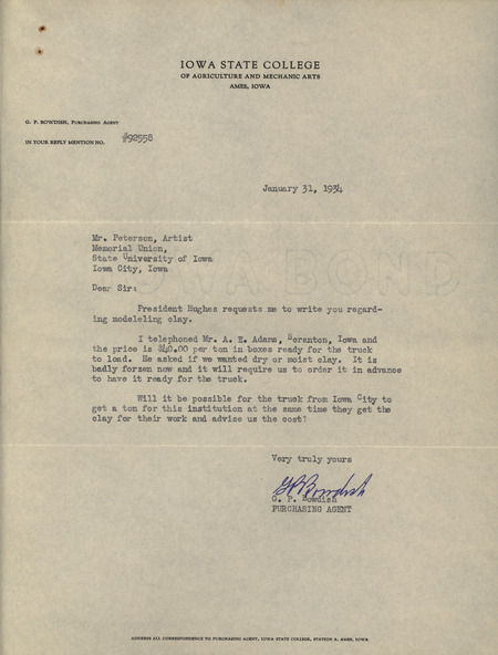 Typed letter from Raymond M. Hughes to Christian Petersen, requesting expenses incurred by Petersen during a trip to Ames to meet with President Hughes and others involved in the Dairy Industry Building fountain project.