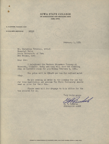 Purchase order for one ton of molding clay, with an estimate of $30.00.