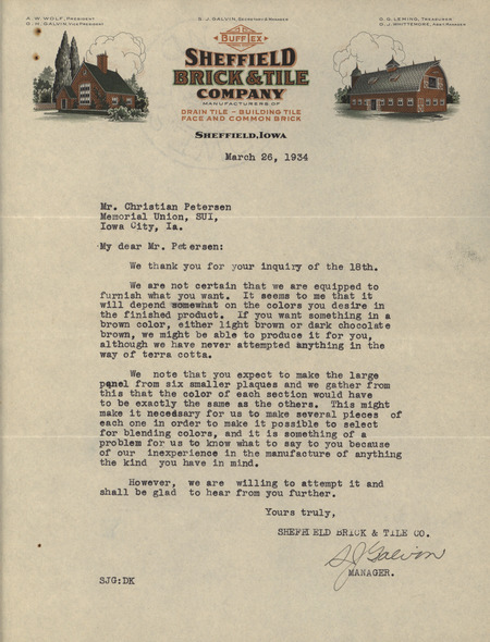 Typed letter from Sheffield Brick & Tile Company explaining the lack of experience with the exact material Petersen has requested, but also expressing continued interest in meeting the order.