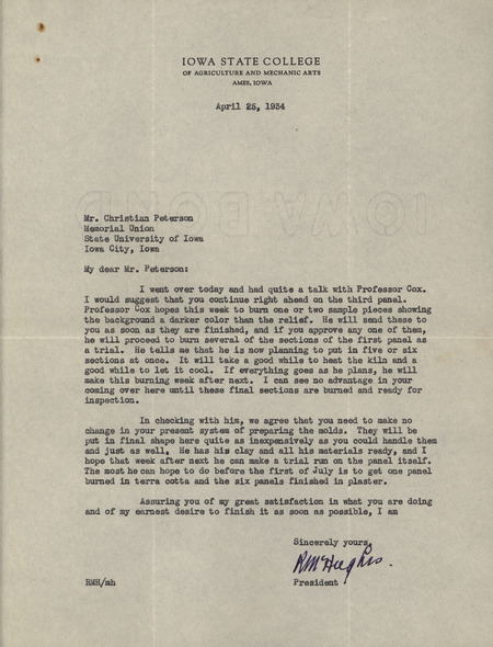 Typed letter from Raymond M. Hughes to Christian Petersen, regarding the third panel of the Dairy Industry fountain, fired samples, and mold preparations.