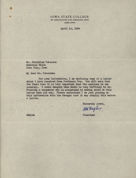 Typed letter from Raymond M. Hughes to Christian Petersen, regarding the Dairy Industry Fountain project.