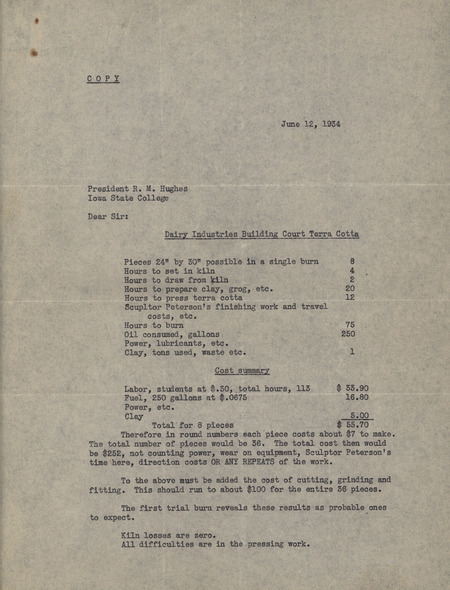 Typed report discussing the costs associated with the production of the Dairy Industry fountain in Ames at Iowa State College and discusses the advantages and disadvantages of the project.
