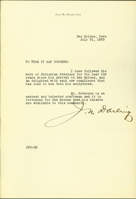 A typed letter from Jay N. Darling, praising Christian Petersen's work and contribution to the Des Moines community.