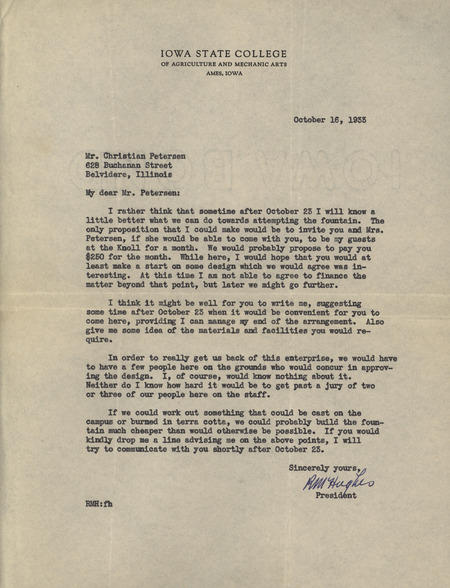 Typed letter from Raymond M. Hughes to Christian Petersen inviting Petersen and his wife Charlotte to stay at the Knoll for a month while Petersen begins a design for a fountain at Iowa State College.