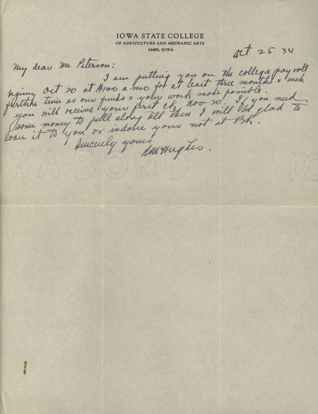 Handwritten letter from Raymond Hughes to Christian Petersen acknowledging the placement of Christian Petersen on the Iowa State College payroll for $100 a month.