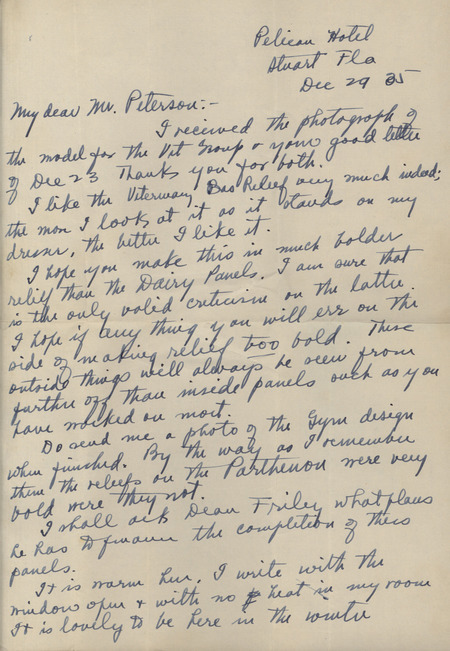 Handwritten letter Raymond M. Hughes to Christian Petersen, discussing a receipt of the design study for the "Vet group." Hughes expresses desire to make this a bolder relief than the Dairy panels, and also request to see design for the Gym (State Gym).