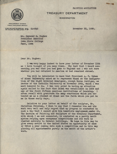 Typed letter from Edward B. Rowan to Raymond M. Hughes, responding to Raymond Hughes requesting the inclusion of Christian Petersen in the Treasury Department's Section of Painting and Sculpture, which Rowan heads.
