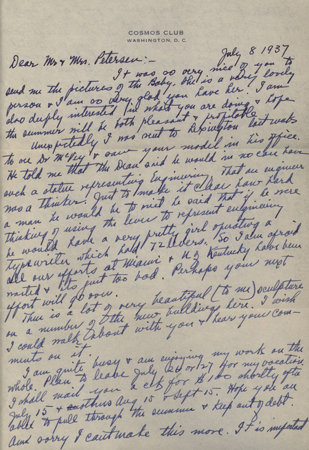 Handwritten letter from Raymond M. Hughes to Christian and Charlotte Petersen, informing them of Hughes's visit to the University of Kentucky-Lexington and attempts to create commissions for Petersen.