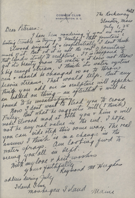 Handwritten letter from Raymond Hughes to Christian Petersen discussing the P. H. Elwood designed fountain for the Memorial Union and Petersen's plans to add a sculpture to it.