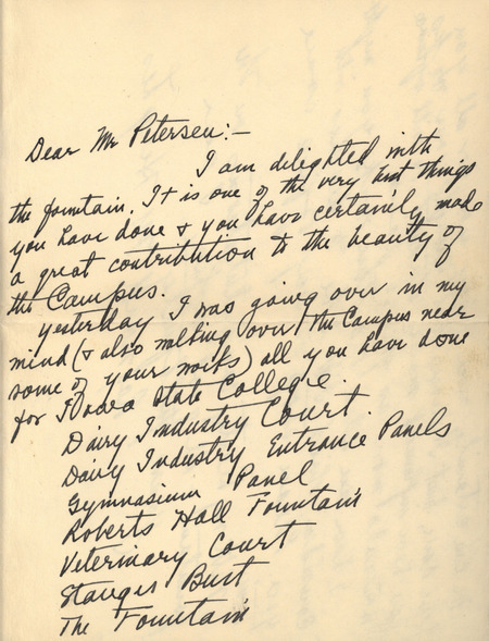 Letter from Raymond M. Hughes to Christian Petersen, sending appreciation for the Memorial Union Fountain design and other sculptures on campus.