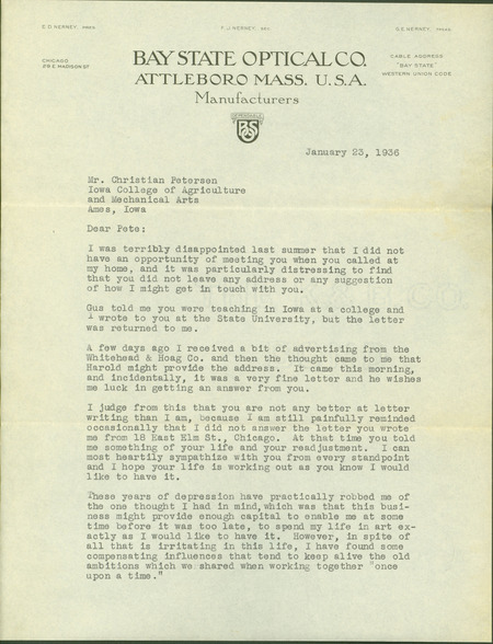 Typed letter from George Nerney to Christian Petersen, discussing an early proposal for Petersen to create a fountain for Iowa State College. In the letter, Hughes requests a design that could be executed in tile or pottery.