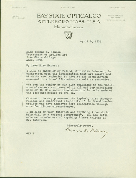 A typed letter to Joanne M. Hansen from George Nerney, praising Christian Petersen's work and giving permission for Hansen to use any published writing from Nerney.