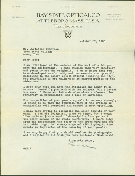 Typed letter in which Nerney requests a description of the "color scheme of the whole court-yard."