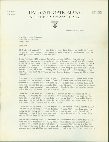 A typed letter from George Nerney to Christian Petersen, discussing Petersen's die-cutting of spoons and the models for the Fountain of the Four Seasons.