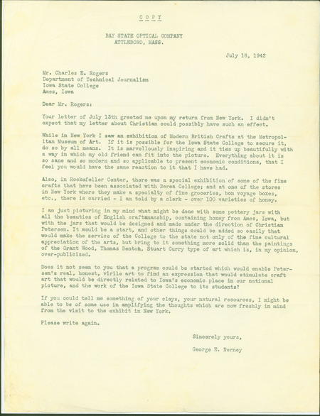 A typed letter from George Nerney to Charles E. Rogers, suggesting that Christian Petersen design and sell pottery.