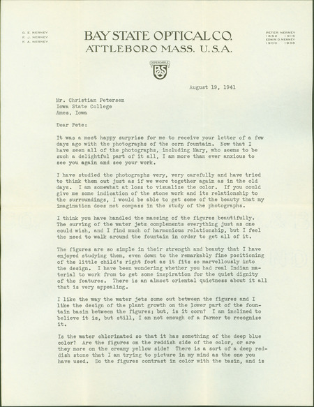 A typed letter from George Nerney praising Christian Petersen"s "Corn Fountain" (Fountain of the Four Seasons) and requesting a description of the color of the fountain. Towards the end of the letter, a Miss Lenore Sullivan is noted to be visiting Newport, RI.