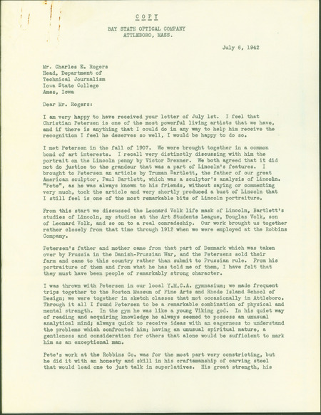 A typed letter from George Nerney to Charles E. Rogers, in which Nerney reflects on Petersen's career and their personal history. Nerney praises Petersen's art, craft, and character.