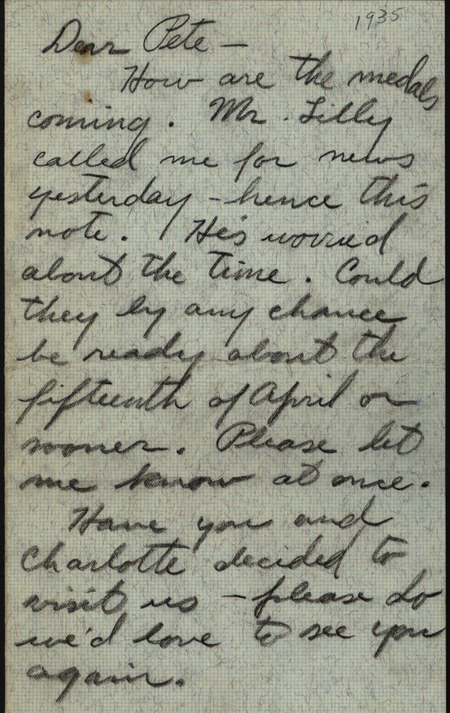 A handwritten letter from John D. Pusey to Christian Petersen, inquiring about the "Lilly" medal. The letter contains personal well wishes and an invitation for Petersen and his wife Charlotte to visit the Pusey family.