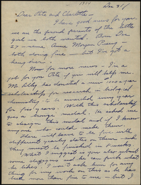 A handwritten letter from John D. Pusey to Christian and Charlotte Petersen, discussing the Lily medal and recommendations on design changes. The letter also notes payment of $250 to Petersen. Pusey mentions his personal work as well as personal life.