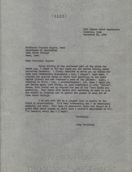 Typed letter discussing WOI radio interview of Christian Petersen by Charles Rogers and Martha. Woolfries notes that he visited the Grant Wood Salon in Cedar Rapids and saw Petersen's bust of Wood.