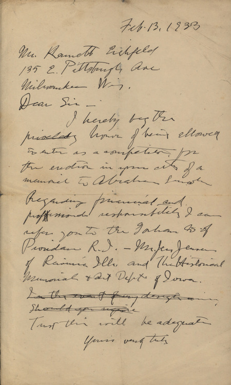 Handwritten letter to Kenneth Eichfield serving as a competition entry for a memorial of Abraham Lincoln. Petersen suggests several references that could be contacted.