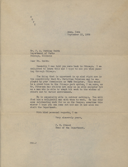 A handwritten letter from P. H. Elwood to F. A. Cushing Smith, a personal endorsement of Petersen to be employed as the Chicago Parks sculptor.
