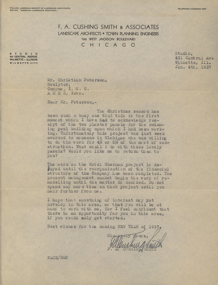 Typed letter from F. A. Cushing Smith to Christian Petersen, acknowledging the receipt of two plaster panels sent by Petersen. A handwritten copy of a note from Petersen that accompanied the panels is included.
