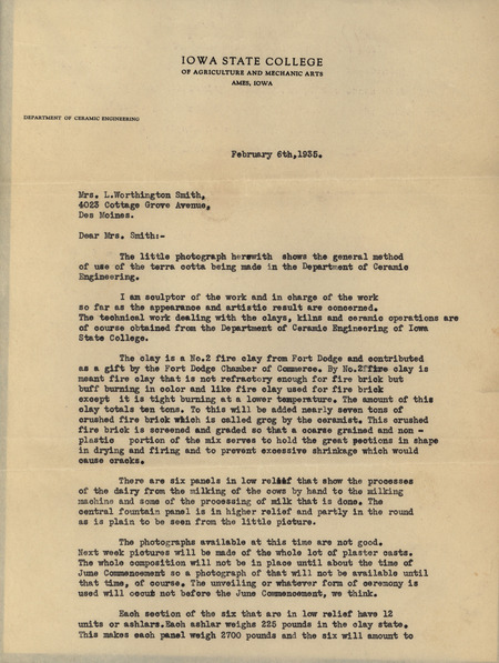 Typed letter containing technical specifications on the terra-cotta for "History of Dairying" fountain to be created at Iowa State University. It also discusses two interior plaster panels to be placed in the Dairy Industry Building and funding levels.