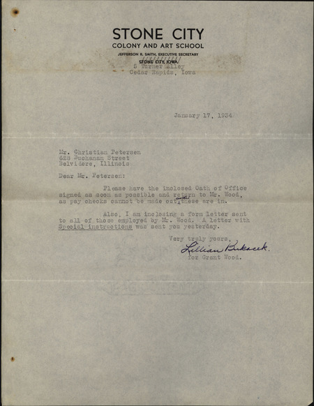Letter from Lillian Bukacek to Christian Petersen dated January 17, 1934. Bukacek sends Petersen the form letter sent to those working for the Public Works of Art Project in Iowa and the Oath of Office required in order to receive wages.