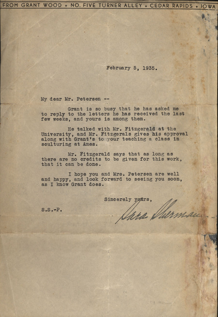 Letter from Sara Sherman to Christian Petersen dated February 5, 1935. Sherman informs Petersen that he has been given permission to teach a sculpture class in Ames as long as there is no credit.