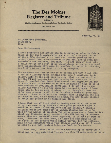 Letter from an employee of the Des Moines Register and Tribune to Christian Petersen dated January 12, 1934. The letter writer tells Petersen that he relayed Petersen's difficulty with finding employment with the Public Works of Art Project in Illinois to Harlan Miller in the hope of helping Petersen find a position in Iowa.