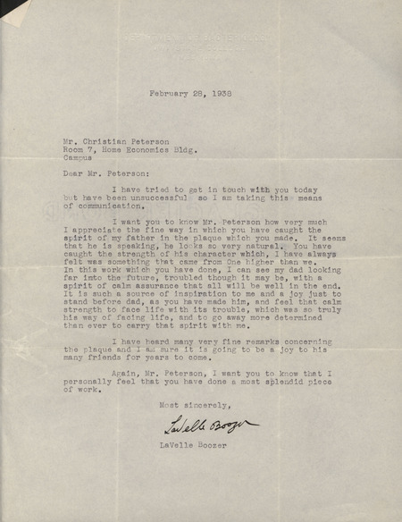 Letter from LaVelle Boozer to Christian Petersen dated February 28, 1938. Boozer expresses his appreciation of his father's portrayal on a plaque Petersen designed.