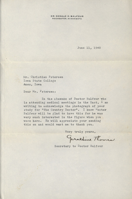 Letter from Geraldine Thomas to Christian Petersen dated June 11, 1940. Thomas writes on behalf of Doctor Balfour to thank Petersen for the photograph of his study for the "Country Doctor" sculpture.