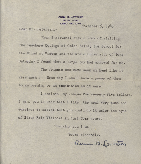 Letter from Anna B. Lawther to Christian Petersen dated November 6, 1940. Lawther sends Petersen a $75 check to pay for her head.