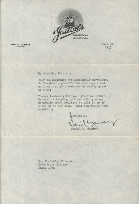 Letter from Daniel C. Gainey to Christian Petersen dated June 29, 1945. Gainey praises Petersen's work.