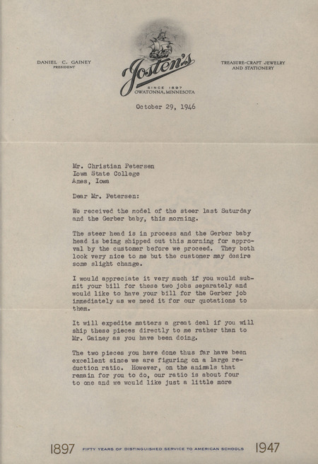 Letter from R. D. Hahn to Christian Petersen dated October 29, 1946. Hahn requests Petersen to send two separate bills for his design work on a steer head and the Gerber baby.