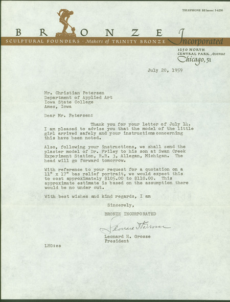 Letter from Leonard H. Grosse to Christian Petersen dated July 20, 1959. Grosse reports on the handling of Petersen's models for a little girl and Dr. Friley, and quotes the price for a bas-relief.