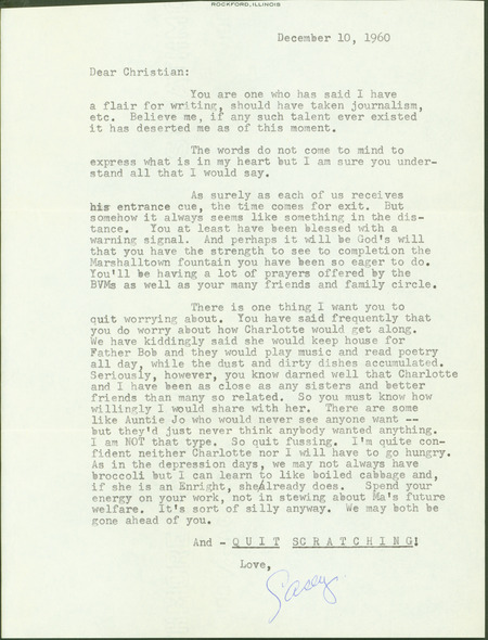 Letter from Florence A. Cassidy to Christian Petersen dated December 10, 1960. Cassidy writes about death and tells Petersen not to worry about making his wife Charlotte a widow.