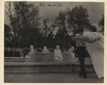 Photograph of the dedication ceremony of the Fountain of the Four Seasons, Iowa State University Memorial Union.