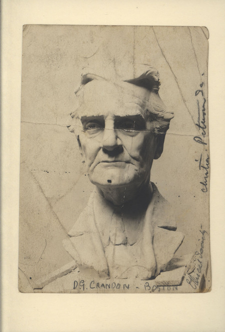 Photograph of a sculpture bust of Daniel G. Crandon, the first president of the Boston Ethical Society.