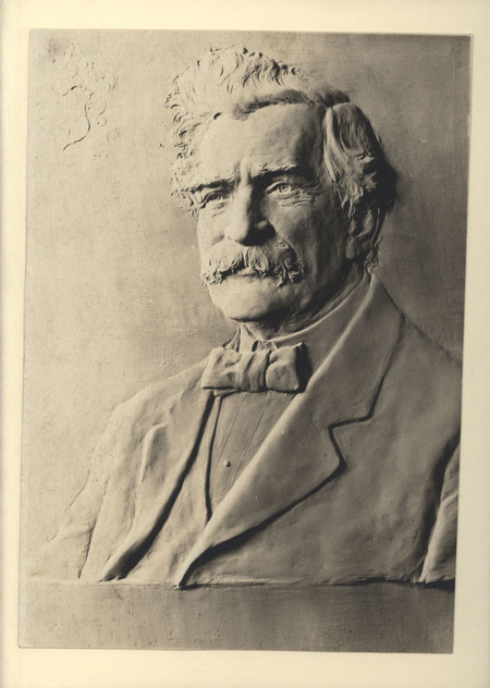Photograph of a front view of a clay bas-relief of George Anson Jewett, founder of Jewett Lumber Company.