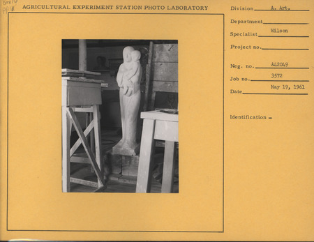 Photograph of the sculpture "Madonna of the Prairie" in its plaster in Christian Petersen artist's studio.