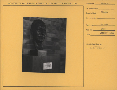 Photograph of portrait bust that was possibly created from bronze or painted plaster. The bust was commissioned by the Fisher family of Marshalltown, Iowa.