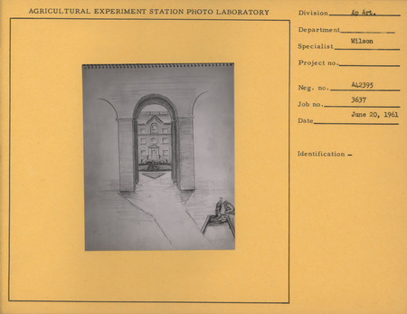 A photograph of a pencil drawing of Roberts Hall.