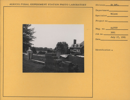 A black-and-white photograph of the installation site for "Conversations" by Christian Petersen at the Oak-Elm Residence Hall.